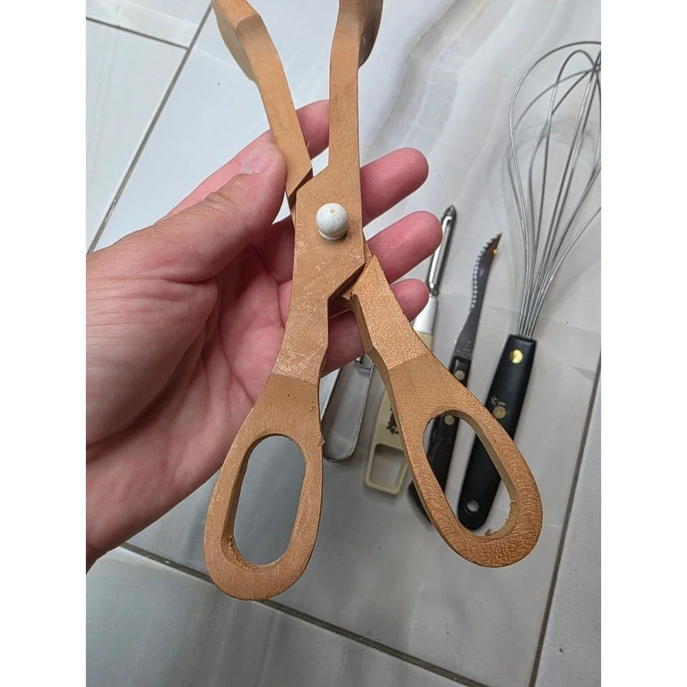 Vintage Kitchen Tool Lot Mushroom Peeler Wooden Salad Tongs Japan Pasta Serve A6